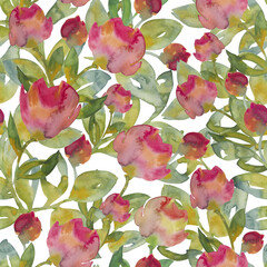 Elegant hand-painted seamless watercolor pattern featuring pink roses and lush green leaves for a natural, artistic look. Perfect for textiles, wallpapers, gift wrapping, and digital projects.