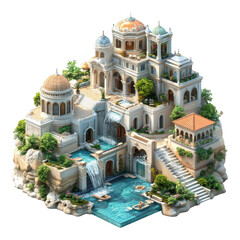 Obraz premium [Grand Luxury Palace Architectural Design] Fantasy Palace with Pool and Waterfalls - Grand Architecture in Vibrant Colors