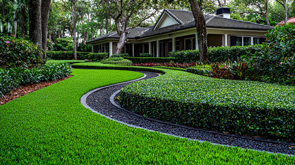Naklejka premium Luxury Home Landscape Design: Serene Garden with Winding Pathway and Lush Greenery