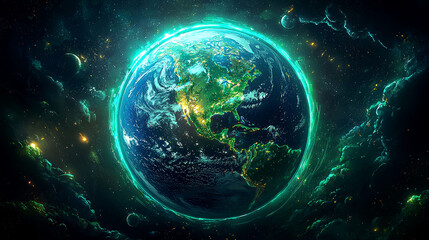 Vibrant Earth: A Cosmic Portrait of Our Planet.  A mesmerizing view of Earth from space, glowing with vibrant energy against the backdrop of the cosmos.