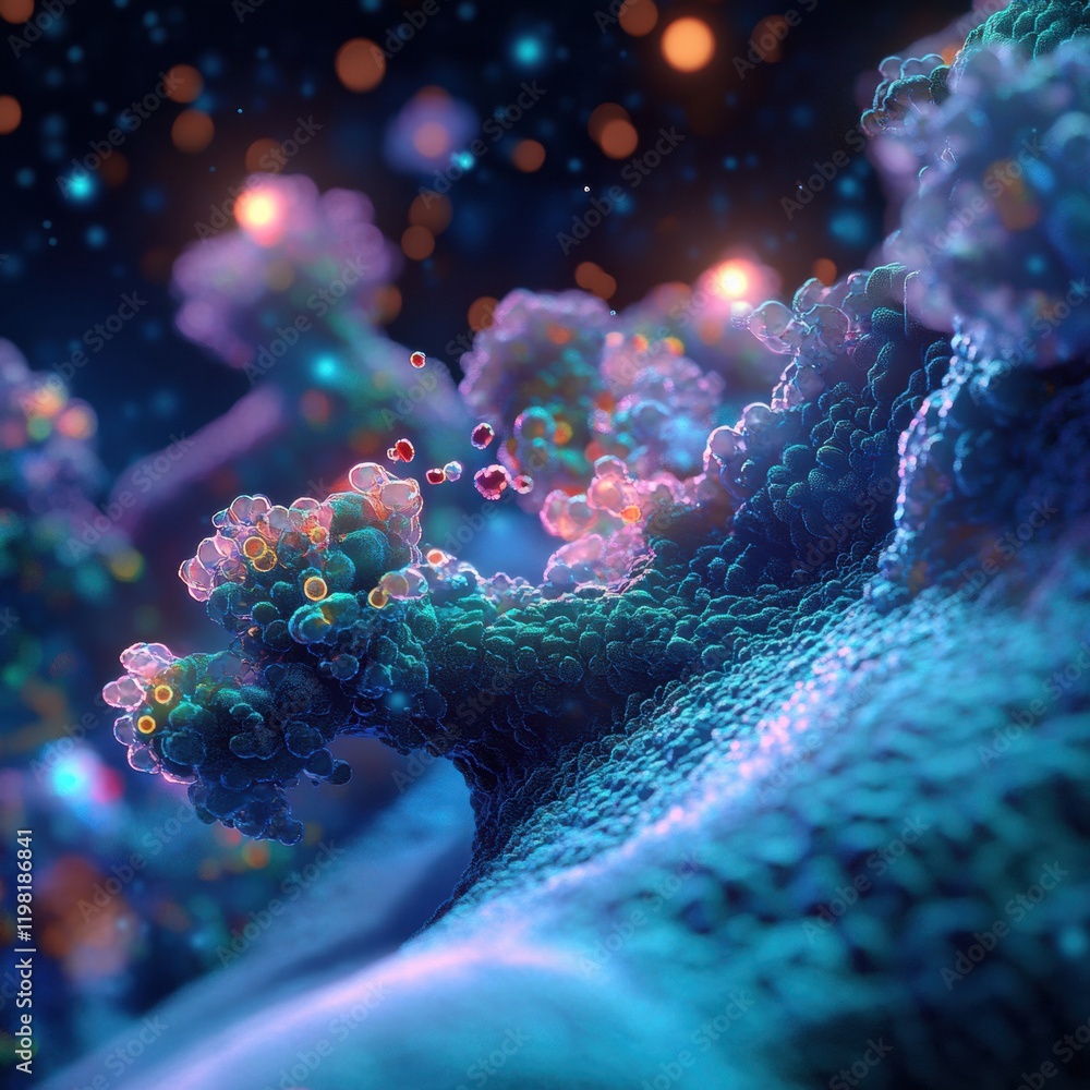 Poster exploring molecular interactions between microbes in a vibrant microscopic environment filled with a