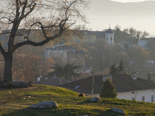 Sunset view of Plovdiv city from Nebet Tepe hill, Bulgaria