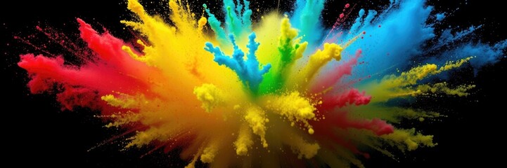 A vibrant explosion of Holi powders fills the background with splashes of color, celebrating the joyous festival with bright hues of red, yellow, blue, and green