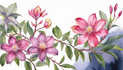 Exquisite Watercolor Artistry Vibrant Flowers Illuminated in a DewKissed Morning, Embracing the Soft Hues of a Serene Landscape, Showcasing the Delicate Beauty of Nature.