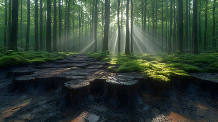 Fototapeta premium Sunlit Path Through a Lush, Mysterious Forest
