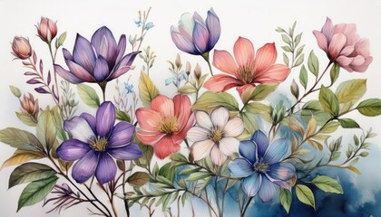 Vibrant Watercolor Artistry Delicate Flowers Bathed in Soft Watercolors, Creating a Whimsical Scene Reminiscent of a Summers Day.