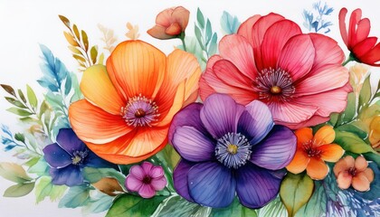 Stunning Watercolor Closeup of Flowers Painted on a White Background, Showcasing Vibrant Petals and Detailed Textures