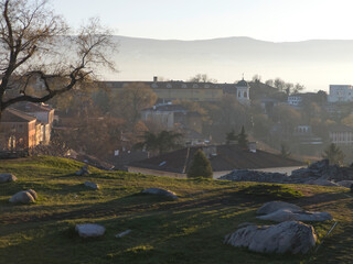 Sunset view of Plovdiv city from Nebet Tepe hill, Bulgaria