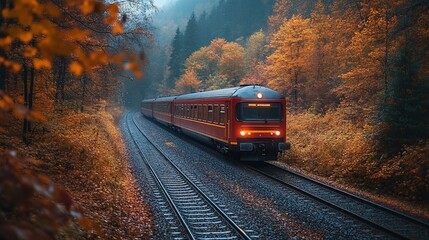 Fototapeta premium Autumn train journey through forest. Scenic travel