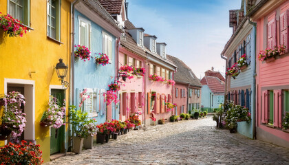 Naklejka premium A charming view of a cobblestone street adorned with pastel-colored houses and vibrant flowering window boxes. The picturesque scene evokes a sense of tranquility and warmth, perfect for travel-themed