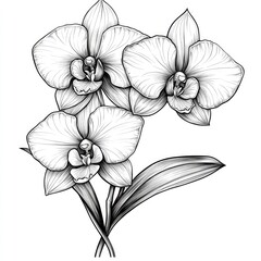 Elegant Black and White Orchid Flower Botanical Line Art Drawing:  Floral Illustration, Nature,  Botanical Print, Home Decor, Wedding Invitation