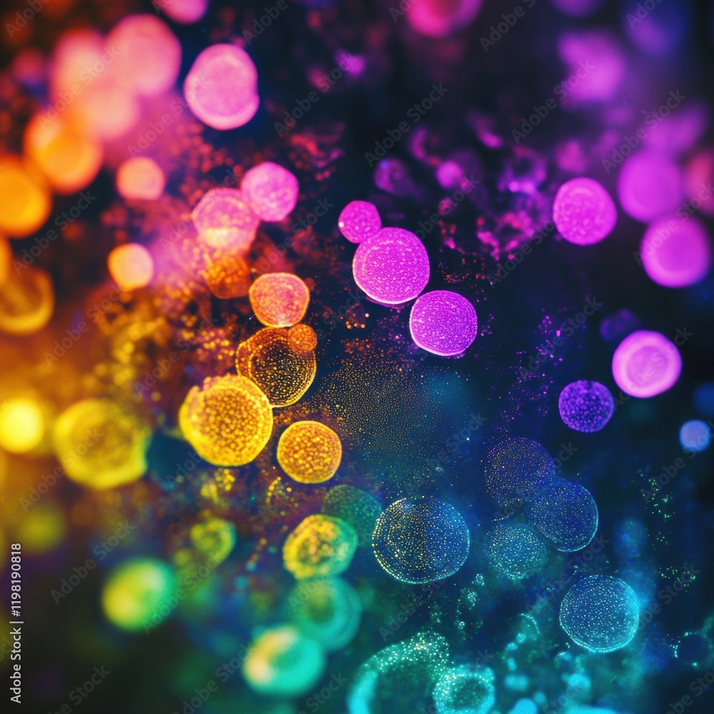 Poster abstract view of colorful antibiotics and bacteria observed under a microscope with vibrant details 