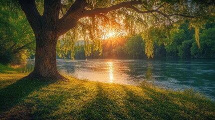Sunset Serenity: A Majestic Willow Tree by the River