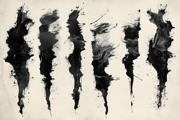 Obraz premium abstract black ink brushstrokes collection, dynamic splatters and organic shapes, textural grunge elements with torn paper edges, minimalist composition