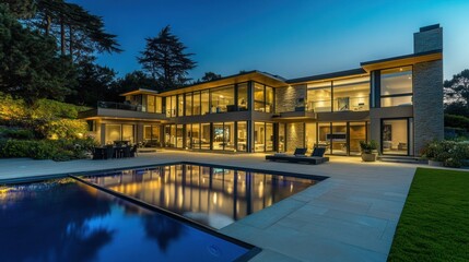 Luxury Modern House with Infinity Pool at Night