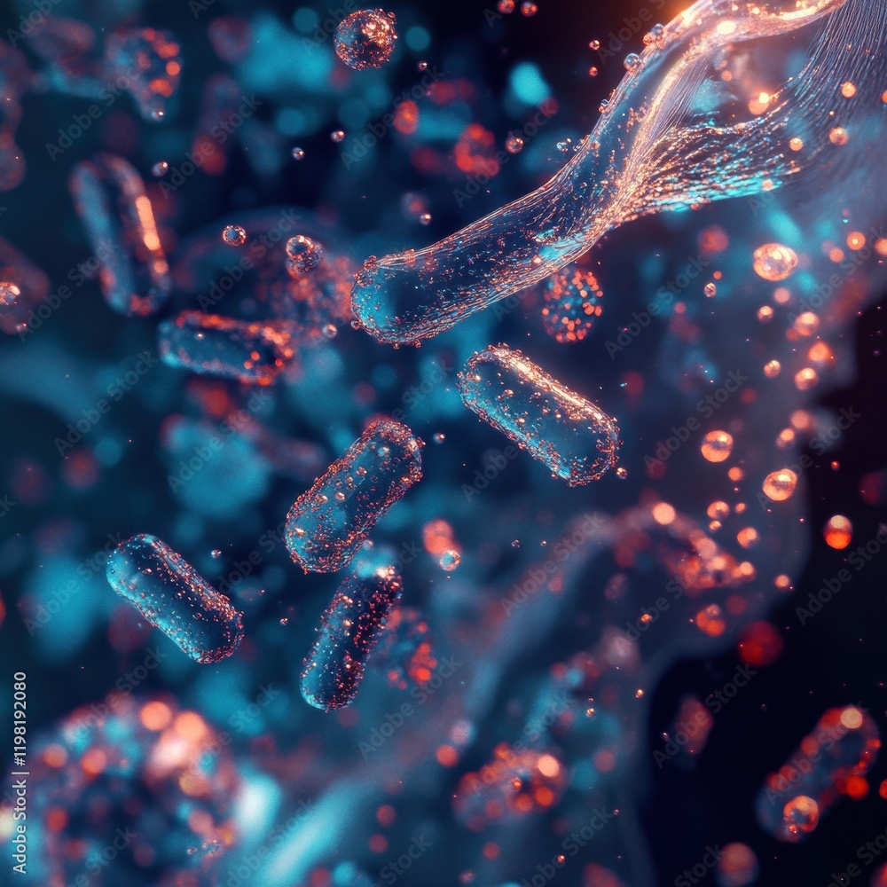 Poster colorful 3d render showcasing microbes floating in a vibrant aquatic environment during a scientific