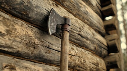 Rustic axe hanging on a log cabin wall.