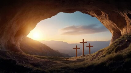 Empty tomb with three crosses on hill at sunrise. Resurrection Of Jesus Christ. Easter, Good Friday, Palm Sunday. Christian symbol, religious concept
