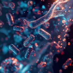 Naklejka premium Colorful 3D render showcasing microbes floating in a vibrant aquatic environment during a scientific exploration. Generative AI