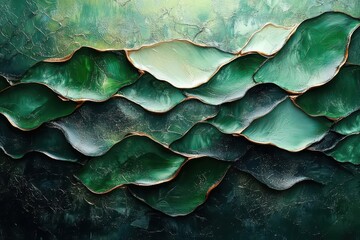 Obraz premium abstract botanical artwork featuring emerald green leaves with sculptural textures, glossy resin finish creating depth and dimension