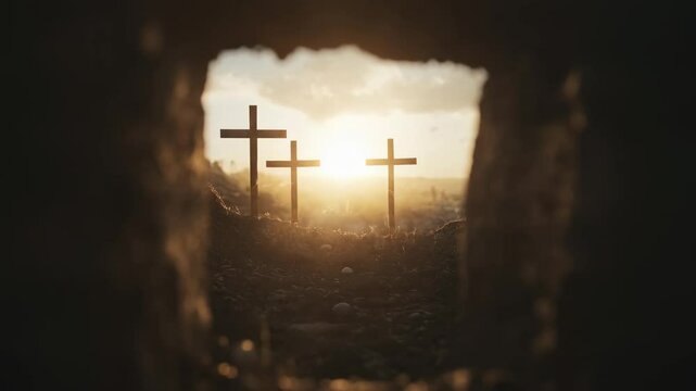 Empty tomb with three crosses on hill at sunrise. Resurrection Of Jesus Christ. Easter, Good Friday, Palm Sunday. Christian symbol, religious concept