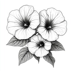 Fototapeta premium Elegant Monochrome Petunia Flowers: A Detailed Botanical Illustration. Black and white floral drawing, perfect for nature lovers and design enthusiasts.