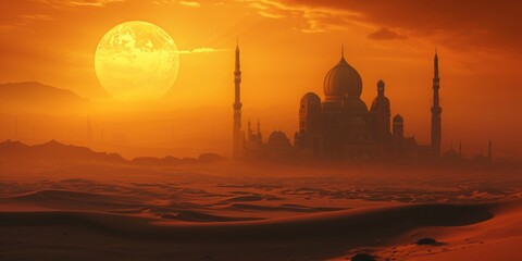 Obraz premium Ramadan Sunset: Desert Mosque Silhouetted Against a Vibrant Orange Sky, Illuminated by a Large Moon, Evoking Spiritual Serenity During the Holy Month. A Peaceful Ramadan Reflection.