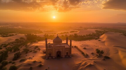 Fototapeta premium Mosque in the Desert Sands, Golden Hour Serenity, Spiritual Reflection during Holy Month, Breathtaking Aerial View, Peaceful Landscape, Desert Oasis, Architectural Marvel, Ramadan Nights