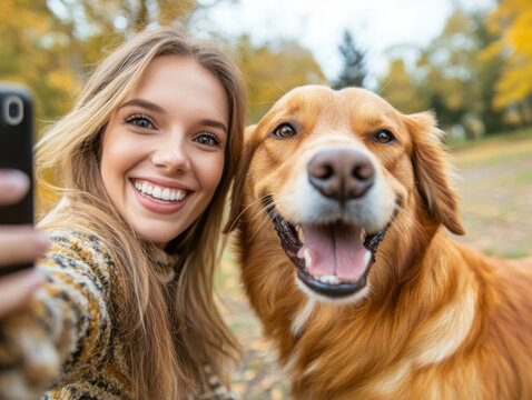 young woman take a selphy with her dog in park
