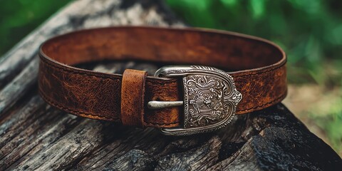 Artisan leather belt with handcrafted silver buckle, western style, rich brown patina