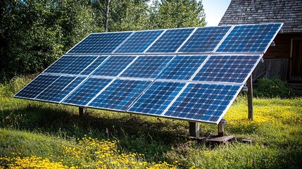 Rural Solar Panel Energy System in a Field of Yellow Flowers