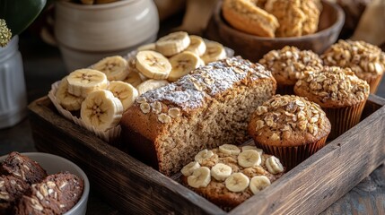 Vegan baked goods featuring banana bread, muffins, and cookies displayed on a rustic wooden tray,
