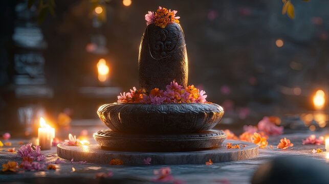 A beautifully crafted shiv ling adorned with fresh flowers and placed on a marble pedestal, illuminated by soft candlelight.