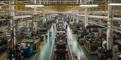Fototapeta premium Ramadan Reflections: Workers Assemble Engines on a Factory Production Line