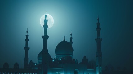 Fototapeta premium Ramadan Nights: Witnessing the Majestic Mosque Under a Full Moon, a Spiritual Journey of Faith and Reflection during the Holy Month, Embracing Peace and Blessings.