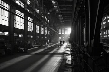 Fototapeta premium Ramadan Reflection: Workers Contemplate Spirituality Amidst Industrial Shadows