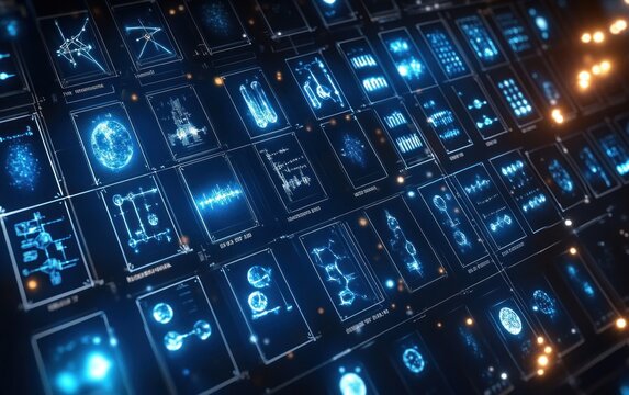 Futuristic Periodic Table Design with Neon Blue and Silver Colors in a High-Tech Laboratory Atmosphere