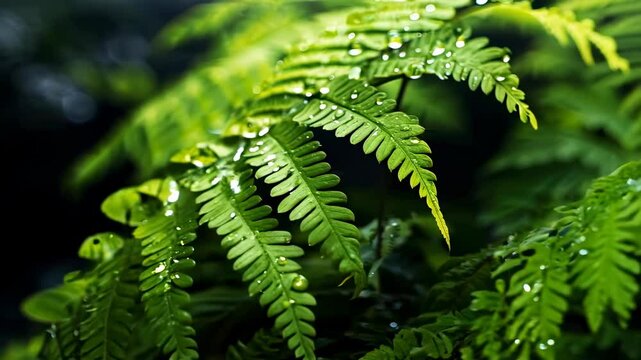 Lush green fern leaves adorned with sparkling water droplets