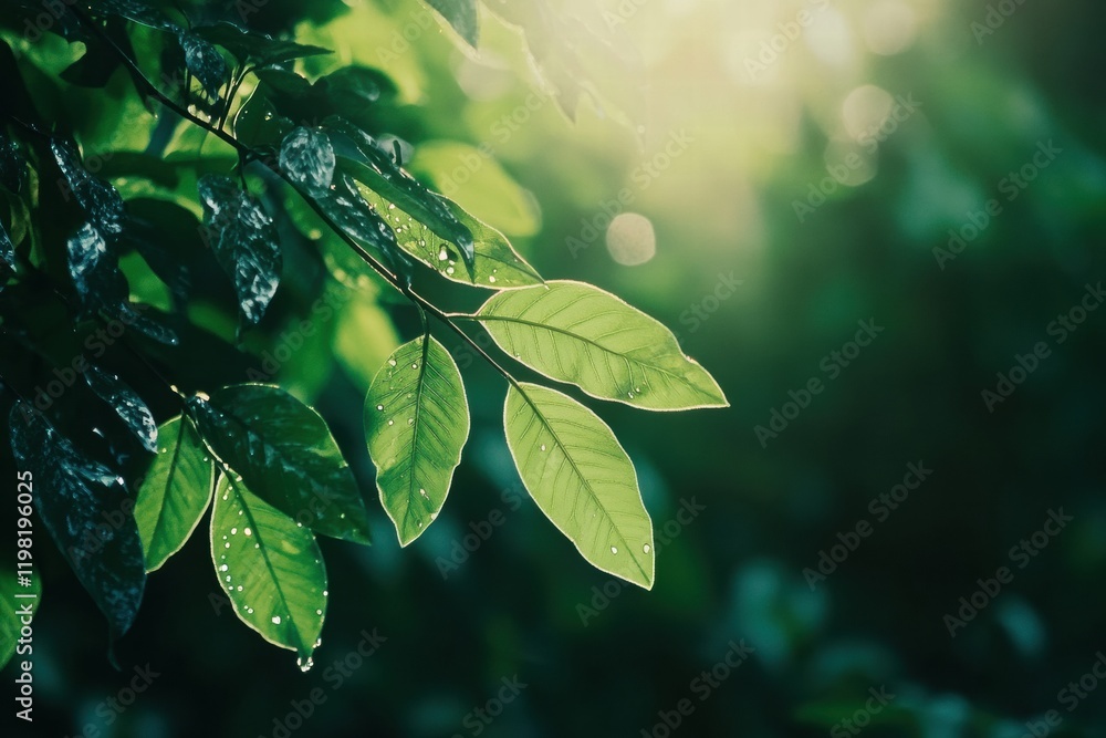 Leinwandbilder sunlight filtering through lush green leaves in a tranquil forest setting. generative ai