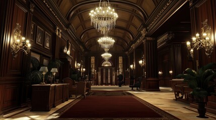 Fototapeta premium Grand Mansion Interior: Opulent Hallway with Crystal Chandeliers