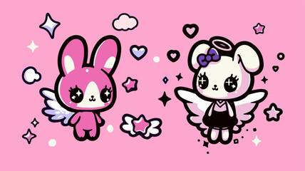 Cute rabbit and dog in anime kawaii style surrounded by stars on a pink background. Trendy vector illustration for a t-shirt print, stickers or patches.