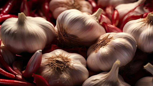 Fresh garlic bulbs nestled among vibrant red petals