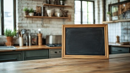 A black chalkboard sign framed in whitewashed wood, set on a clean wooden tabletop with simple decor.
