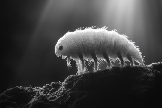 Microscopic water bear, tardigrade, showcasing its eight legs and segmented body.