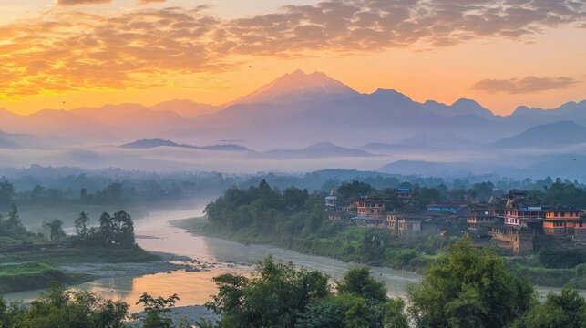 Sunrise view over the river in Sauraha, Chitwan, Nepal.