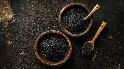 Close-up of black sesame seeds,highlighting their small, glossy texture and rich dark colour.for food,health,or nutritional value and benefits for skin,hair,and overall health Indian til