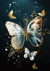 Golden butterflies on a dark background. AI.