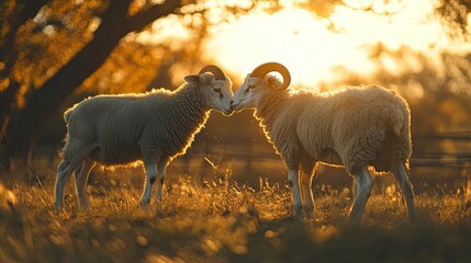 A charming image of a young ram playfully butting heads with a fellow ram in a sunlit pasture.