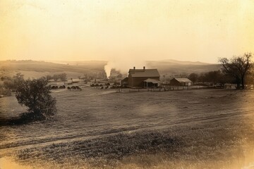 Fototapeta premium Vintage farmhouse surrounded by hilly pastures