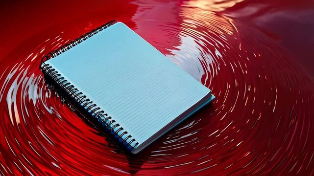 Blank notebook on a glossy red surface reflecting vibrant hues